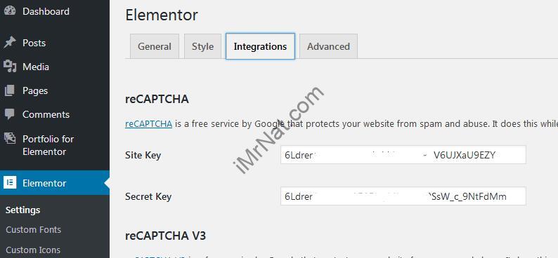 reCAPTCHA key for elementor setting