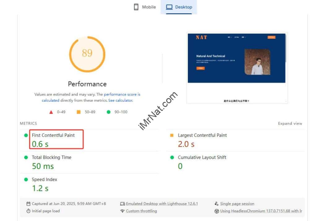 pagespeed insights of imrnat